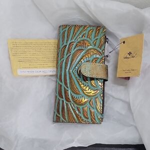 Patrcia Nash Turquoise Tooled Leather Wallet with Bronze Design RFID Protect